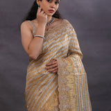 Golden And Silver Stripes Fancy Tissue Saree With Scallop Border