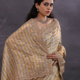 Golden And Silver Stripes Fancy Tissue Saree With Scallop Border