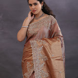 Golden Fancy Tissue Saree With Scallop Border
