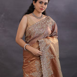 Golden Fancy Tissue Saree With Scallop Border