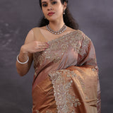 Golden Fancy Tissue Saree With Scallop Border