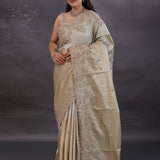 Silver Fancy Tissue Saree With Scallop Border