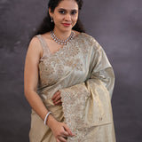 Silver Fancy Tissue Saree With Scallop Border