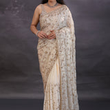 Golden Fancy Tissue Saree With Floral Embroidery