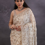 Golden Fancy Tissue Saree With Floral Embroidery