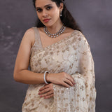 Golden Fancy Tissue Saree With Floral Embroidery