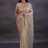 Pastel Gold Fancy Tissue Saree With Floral Embroidery