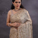 Pastel Gold Fancy Tissue Saree With Floral Embroidery