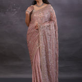 Pastel Pink Fancy Tissue Saree With Floral Embroidery
