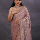 Pastel Pink Fancy Tissue Saree With Floral Embroidery