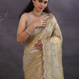 Dual Shade Tissue Fancy Saree With Floral Embroidery