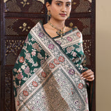 Bottle Green Banarasi Silk Saree With Self Border