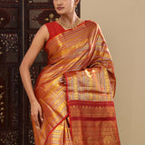 Red Kanjivaram Silk Saree With Horizontal Stripes