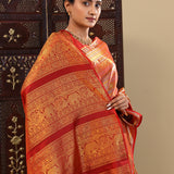 Red Kanjivaram Silk Saree With Horizontal Stripes