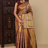 Very Dark Maroon Kanjivaram Silk Saree With Horizontal Stripes