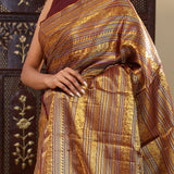 Very Dark Maroon Kanjivaram Silk Saree With Horizontal Stripes
