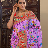 Dark Lilac Patola Silk Saree With Contrast Border