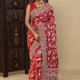 Dark Tan Red Patola Silk Saree With Scallop Border