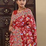 Dark Tan Red Patola Silk Saree With Scallop Border