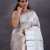 Silver Kanjivaram Tissue Saree With Zari Work