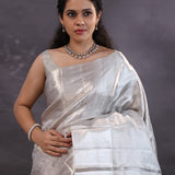 Silver Kanjivaram Tissue Saree With Zari Work