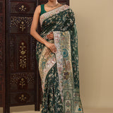 Bottle Green Georgette Saree With Fancy Border