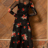 Jet Black Floral Printed Organza Indo Western Set