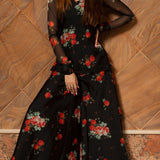 Jet Black Floral Printed Organza Indo Western Set