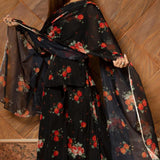 Jet Black Floral Printed Organza Indo Western Set
