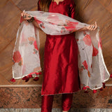 Deep Red Silk Blend Salwar Set With Floral Printed Dupatta