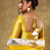 Mustard Yellow Blouse Lehenga With Ivory Skirt And Silver Border