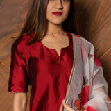 Deep Red Silk Blend Salwar Set With Floral Printed Dupatta