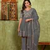 Grey Rayon Embroidered Kurta Set