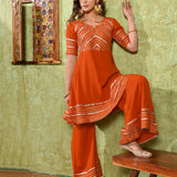 Rich Orange Rayon Embroidered Kurta Set
