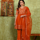 Rich Orange Rayon Embroidered Kurta Set