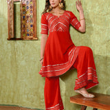 Bright Red Rayon Embroidered Kurta Set