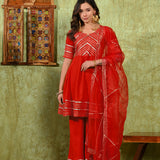 Bright Red Rayon Embroidered Kurta Set