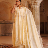 Ivory Yellow Chanderi Salwar Set With Lace Dupatta