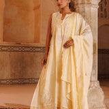 Ivory Yellow Chanderi Salwar Set With Lace Dupatta
