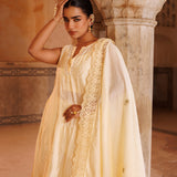 Ivory Yellow Chanderi Salwar Set With Lace Dupatta