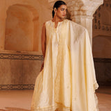 Ivory Yellow Chanderi Salwar Set With Lace Dupatta