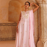 Powder Pink Chanderi Salwar Set With Golden Yoke