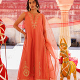 Coral Orange Chanderi Salwar Set With Sheer Dupatta