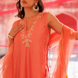 Coral Orange Chanderi Salwar Set With Sheer Dupatta