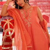 Coral Orange Chanderi Salwar Set With Sheer Dupatta