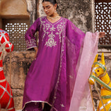 Deep Purple Chanderi Salwar Set With Vine Embroidery