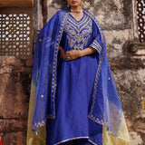 Royal Blue Chanderi Salwar Set With Paisley Embroidery