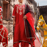 Deep Maroon Chanderi Salwar Set With White Floral Work