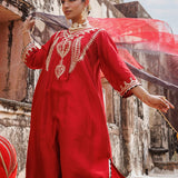 Deep Maroon Chanderi Salwar Set With White Floral Work