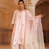 White Chanderi Salwar Set With Red Floral Motifs